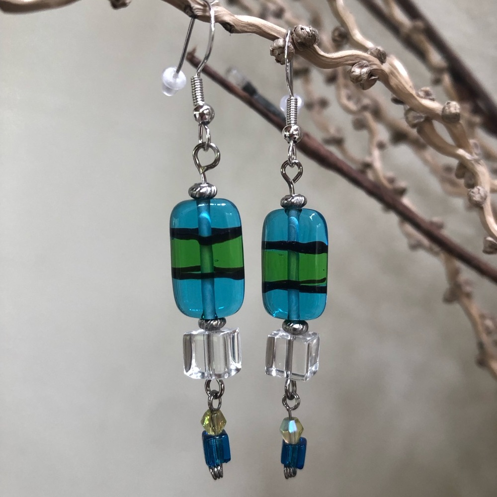 Handcrafted Blue/Green Pressed Czech Glass w/ Swarovski Crystal Drop Earrings